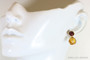 Topaz orange Austrian crystal and maroon pearl drop earrings in 14K yellow gold filled wire wrapped setting handmade by Jessica Luu Jewelry