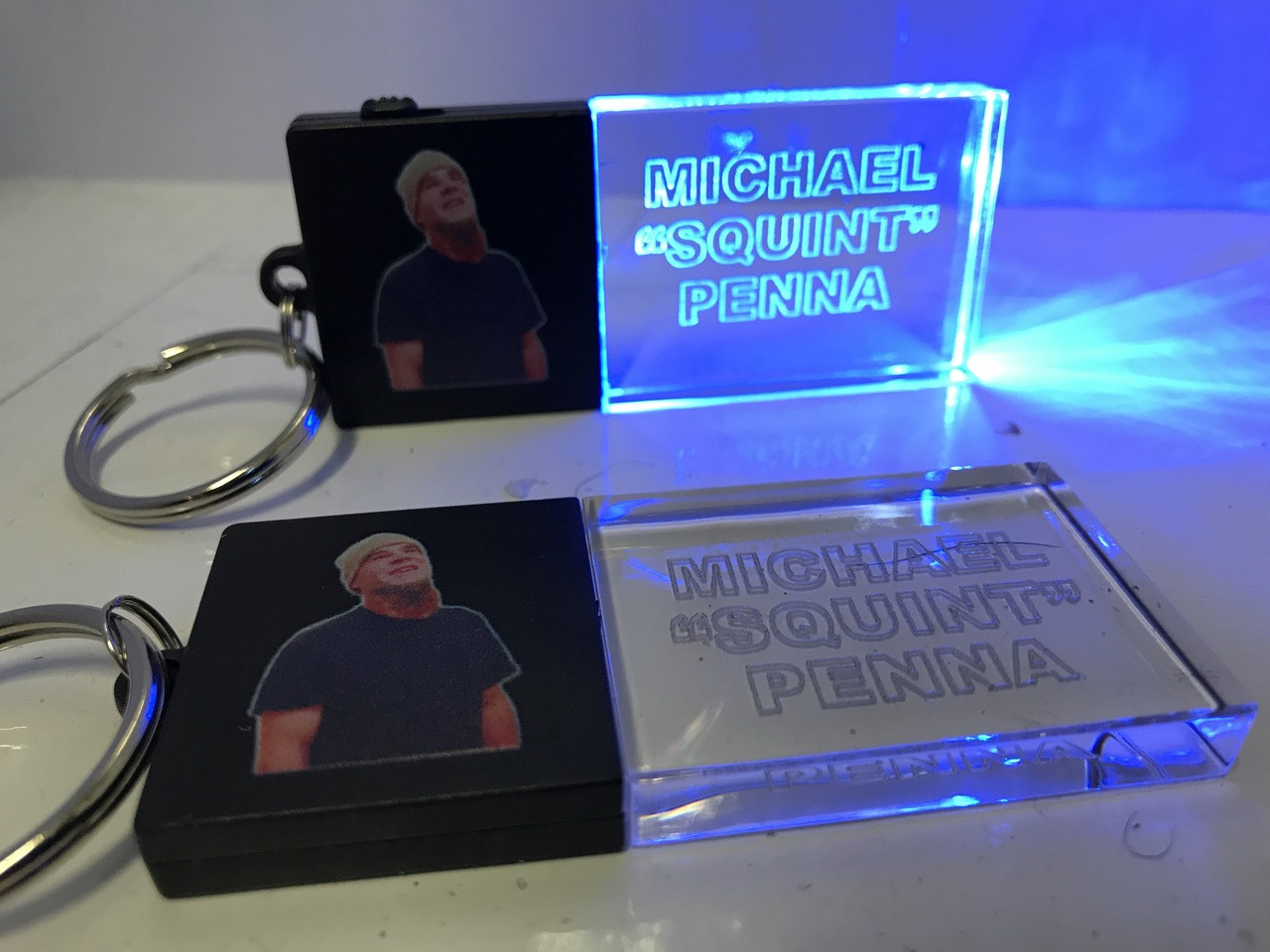 LED,Keychain,Key,chain,LED keychain, custom, BEAM, dual, print,engraved, logo,text, laser engraved,personalized,promo,merch,fundraiser,nightclub,fund raiser,Rest in Peace, Squint,Michael Pena
