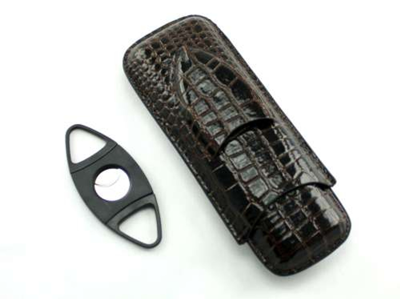 Dark Brown Century Crocodile Cigar Case with Cutter