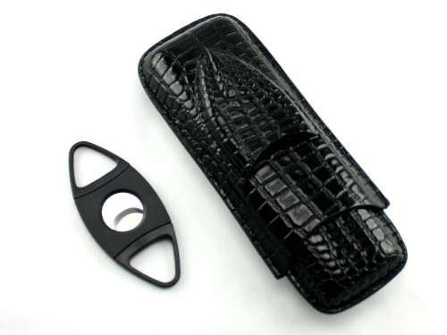 Black Century Crocodile Cigar Case with Cutter