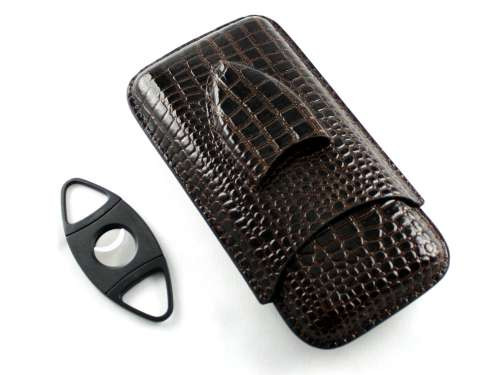 Dark Brown Crocodile Cigar Case with Cutter