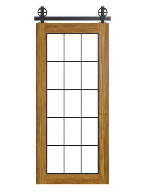 wood frame french barn door with glass