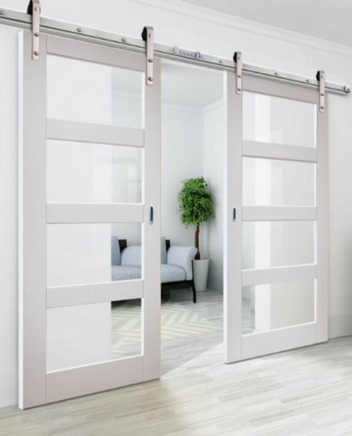 Four Panel Glass Double Sliding Barn Door to office