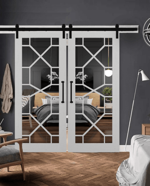 The Stacey Wood Frame Mirror with Grid Double Barn Door