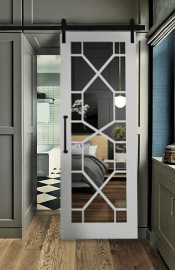 The Stacey Wood Frame Mirror with Geometric Grid Sliding Barn Door  352X544