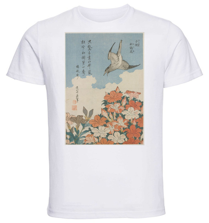 T-shirt Unisex - White - Ukiyo-e - Hokusai - Cuckoo And Azaleas