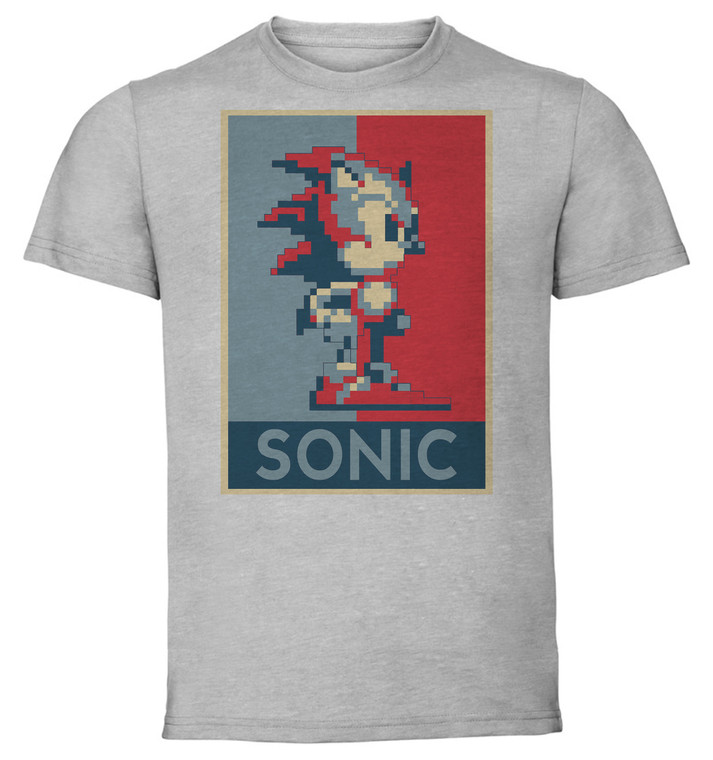 T-Shirt Unisex - Grey - Propaganda - Pixel Art - Sonic The Hedgehog - Sonic
