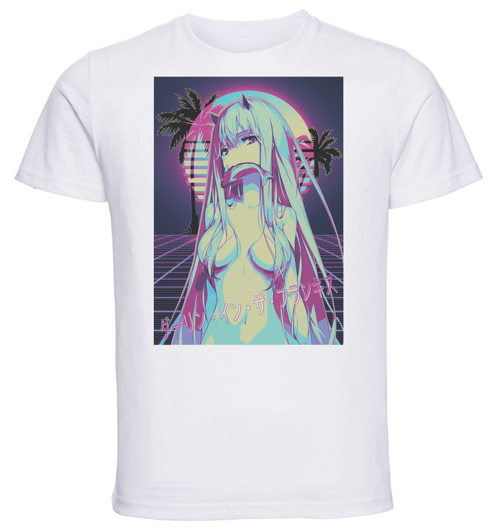 T-Shirt Unisex - White - Vaporwave 80s Style - Darling in the Franxx - Zero Two Variant