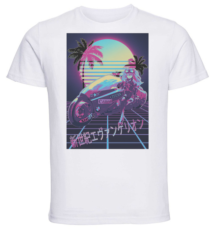T-Shirt Unisex - White - Vaporwave 80s Style - Neo Genesis Evangelion - Asuka with motocycle