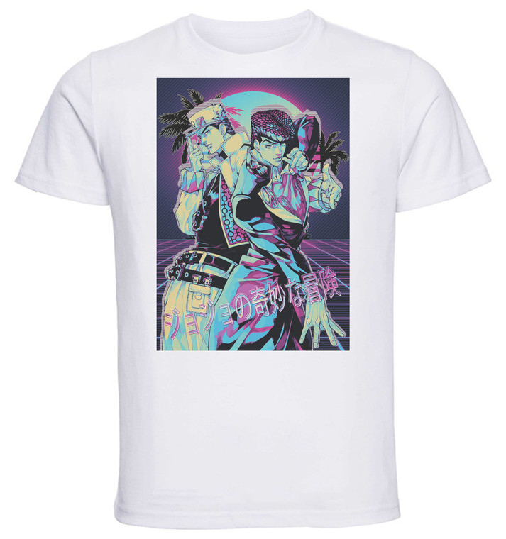 T-Shirt Unisex - White - Vaporwave 80s Style - Jojo's Bizarre Adventure - Diamond is Unbreakable - Jotaro Kujo and Josuke Higashikata