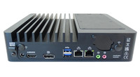 Rear view of a Fanless Mini showing various ports including HDMI, DisplayPort, two USB ports, two Ethernet ports, and audio jacks.