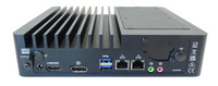Rear view of a Fanless Mini showing various ports including HDMI, DisplayPort, two USB ports, two Ethernet ports, and audio jacks. Rear view of a Fanless Mini showing various ports including HDMI, DisplayPort, two USB ports, two Ethernet ports, and audio jacks.