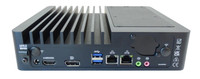 Rear view of a Fanless Mini showing various ports including HDMI, DisplayPort, two USB ports, two Ethernet ports, and audio jacks. Rear view of a Fanless Mini showing various ports including HDMI, DisplayPort, two USB ports, two Ethernet ports, and audio jacks.