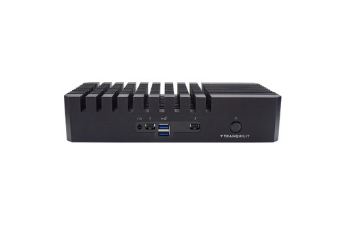 Tranquil IT Fanless NUC designed for efficient cooling. The front includes multiple ports: a USB 3.0, a USB Type-C. Tranquil IT Fanless NUC designed for efficient cooling. The front includes multiple ports: a USB 3.0, a USB Type-C.