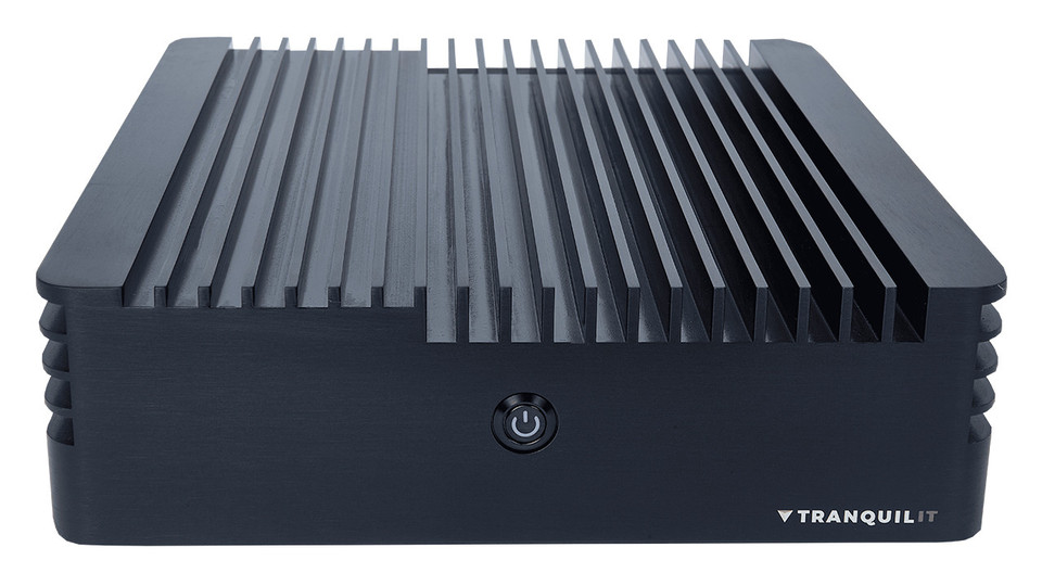 Tranquil IT Intel 12th Gen Mobile Waterproof Fanless Mini PC IP66, featuring a sleek, rugged design with a power button on the front and a fins for heat dissipatation Tranquil IT Intel 12th Gen Mobile Waterproof Fanless Mini PC IP66, featuring a sleek, rugged design with a power button on the front and a fins for heat dissipatation