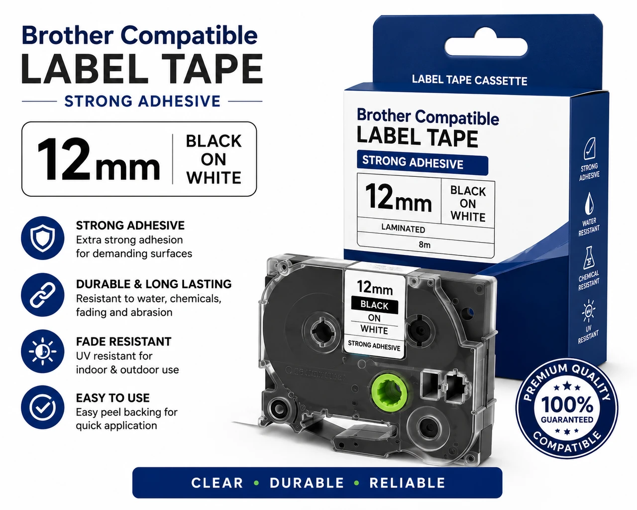 Brother Compatible 12mm Black on White Label Tape with Strong Adhesive ...