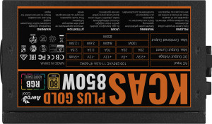 Aerocool KCAS PLUS Gold 850W RGB PSU - ATX 24 PIN; 2x 4+4PIN CPU; 8x SATA; 4x PATA; 3x PCIe 6+2PIN. 