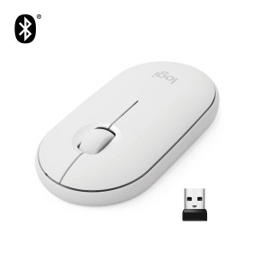 Logitech Pebble M350, Ambidextrous, Optical, RF Wireless + Bluetooth, 1000 DPI, White