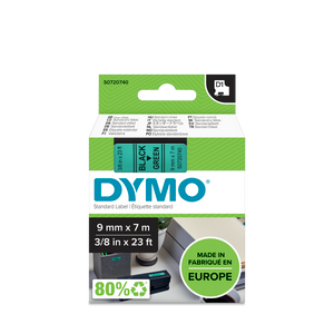 DYMO D1 Labelling Tape -  Removable Polyester - Black on Green - 9mmx7m-DS0720740