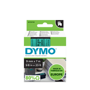 DYMO D1 Labelling Tape -  Removable Polyester - Black on Green - 9mmx7m-DS0720740