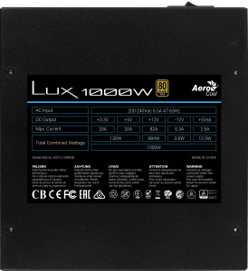 Aerocool LUX Gold 1000W  PSU - ATX 24 PIN; 1x 4+4PIN CPU; 8x SATA; 4x PATA; 4x PCIe 6+2PIN. 