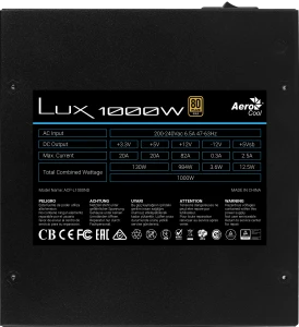 Aerocool LUX Gold 1000W  PSU - ATX 24 PIN; 1x 4+4PIN CPU; 8x SATA; 4x PATA; 4x PCIe 6+2PIN. 