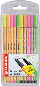 STABILO Point 88 Fineliner & Pen 68 Fibre-tip Ass Neon 10's-8868-10-1