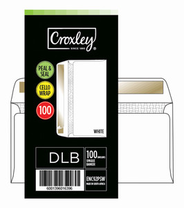 CROXLEY JD92PSWC DLB (Banker) White Peel & Seal Envelopes - Cellowrapped 100's (Box of 5 Packets)-ENC92PSW