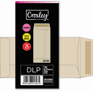 CROXLEY JD93KMBC DLP (Pocket) Brown Gummed Envelopes - Cellowrapped 25's (Box of 20 Packets)-ENC93KMB