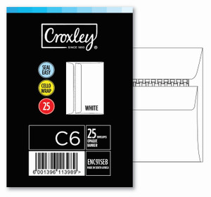 CROXLEY JD91SEB C6 White Seal Easi Envelopes - Cellowrapped 25's (Box of 20 Packets)-ENC91SEB
