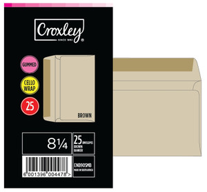 CROXLEY JD 90SMB 8¼ Brown Gummed Envelopes - Cello 25's (Box of 500)-ENB90SMB