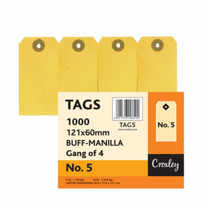 CROXLEY JD5  Buff Manilla Tags Gangs of 4 - No.5 - 121X60 (Box of 1000)-TAG5