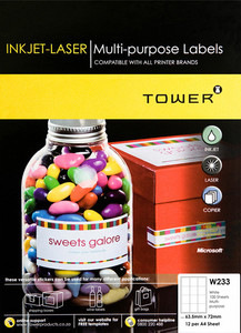 Tower A4 63.5 x 72 Inkjet-lsr Label White 100's (12 up)