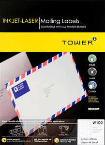 Tower A4 37x70 Inkjet-lsr Labels White 100's Tower A4 37x70 Inkjet-lsr Labels White 100's