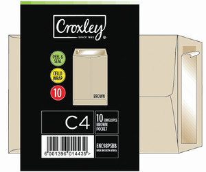 CROXLEY JD98PSBB C4 Brown Peel & Seal Envelopes - Cellowrapped 10's (Box of 25 Packets)-ENC98PSBB