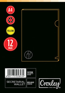 CROXLEY Document Wallet with Gusset - A4  (Yellow) (Pack of 12)-DOC31108N