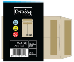 CROXLEY JD7SEC  Plain Wage Pocket - No.7 - 152x102 - Cello 50's Box of 10 Pkts-ENC7SE