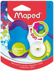 MAPED DUO Sharpener/Eraser Loopy 1 Hole Colourful Carded MAPED DUO Sharpener/Eraser Loopy 1 Hole Colourful Carded