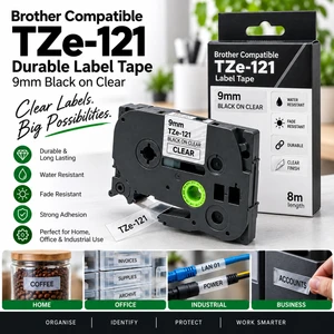 Brother Compatible TZe-121  9mm Black on Clear Durable Clear Label Tape