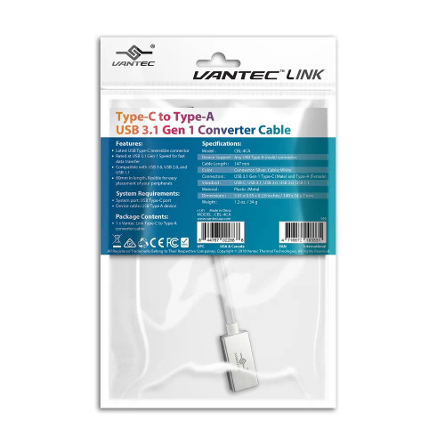 Vantec CBL-4CA, 0.147 m, USB C, USB A, USB 3.2 Gen 1 (3.1 Gen 1), 5 Gbit/s, Silver, White Vantec CBL-4CA, 0.147 m, USB C, USB A, USB 3.2 Gen 1 (3.1 Gen 1), 5 Gbit/s, Silver, White