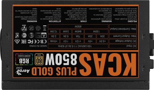 Aerocool KCAS PLUS Gold 850W RGB PSU - ATX 24 PIN; 2x 4+4PIN CPU; 8x SATA; 4x PATA; 3x PCIe 6+2PIN. 