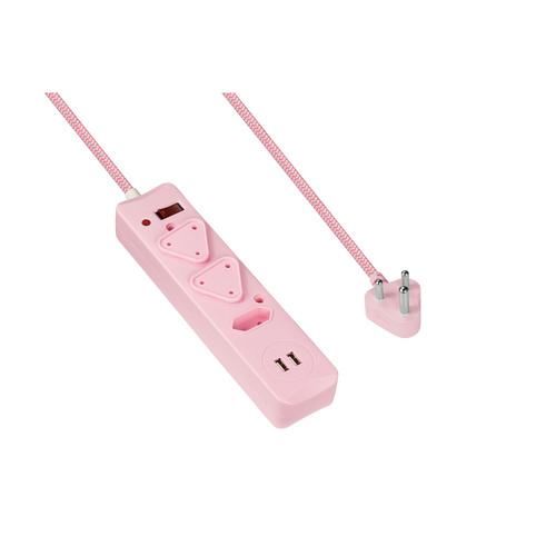 SWITCHED 3 Way Surge Protected Multiplug with Dual 2.4A USB Ports 3M Braided Cord Pink SWITCHED 3 Way Surge Protected Multiplug with Dual 2.4A USB Ports 3M Braided Cord Pink