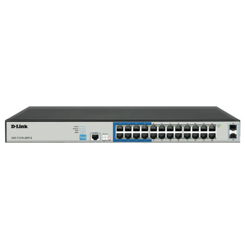 24 PoE 10/100/1000 ports + 2 Gigabit SFP ports Long Range Smart Switch 250W total POE budget; Max distance of 250m - RCN - DGS-F1210-26PS-E 24 PoE 10/100/1000 ports + 2 Gigabit SFP ports Long Range Smart Switch 250W total POE budget; Max distance of 250m - RCN - DGS-F1210-26PS-E