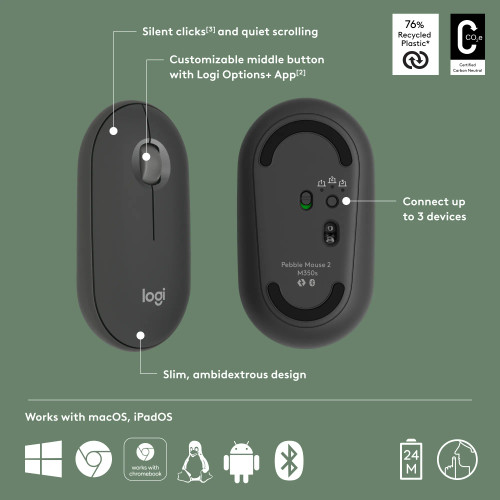 LOGI Pebble Mouse 2 M350s - TONAL GRAPHITE - BT - RCN - LOGI Pebble Mouse 2 M350s 910-007015 LOGI Pebble Mouse 2 M350s - TONAL GRAPHITE - BT - RCN - LOGI Pebble Mouse 2 M350s 910-007015