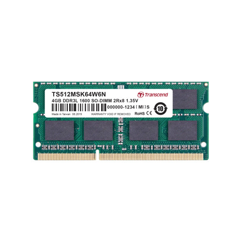 Transcend DDR3-1600 SO-DIMM 4GB, 4 GB, 1 x 4 GB, DDR3, 1600 MHz, 204-pin SO-DIMM, Green Transcend DDR3-1600 SO-DIMM 4GB, 4 GB, 1 x 4 GB, DDR3, 1600 MHz, 204-pin SO-DIMM, Green