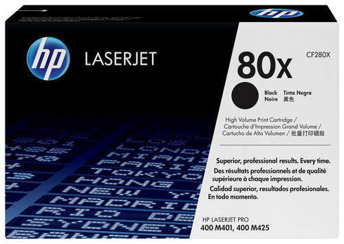 HP 80X Black LaserJet Toner Cartridge for HP LaserJet Pro 400 MFP M425 and Pro 400 Printer M401 Series Average Cartridge - TAR - CF280X HP 80X Black LaserJet Toner Cartridge for HP LaserJet Pro 400 MFP M425 and Pro 400 Printer M401 Series Average Cartridge - TAR - CF280X