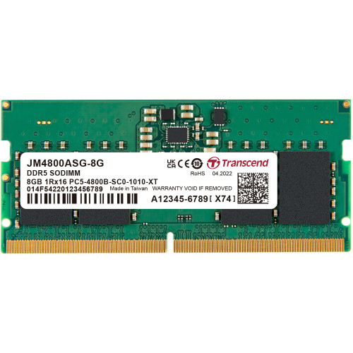 TRANSCEND JET MEMORY 8GB DDR5-5600 SO-DIMM 2RX8 CL46 (1Gx16)x4 - RCN - JM5600ASG-8G TRANSCEND JET MEMORY 8GB DDR5-5600 SO-DIMM 2RX8 CL46 (1Gx16)x4 - RCN - JM5600ASG-8G
