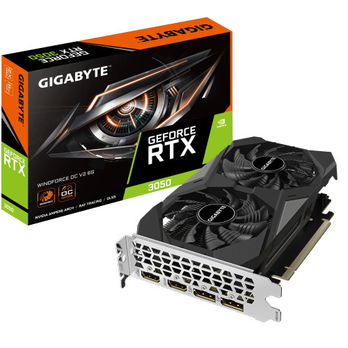 GIGABYTE GeForce RTX 3050 WINDFORCE OC V2 6G, GeForce RTX 3050, 6 GB, GDDR6, 96 bit, 7680 x 4320 pixels, PCI Express 4.0 GIGABYTE GeForce RTX 3050 WINDFORCE OC V2 6G, GeForce RTX 3050, 6 GB, GDDR6, 96 bit, 7680 x 4320 pixels, PCI Express 4.0
