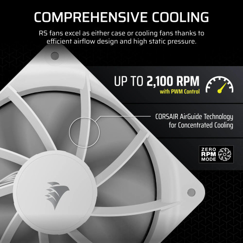 Corsair RS120, Fan, 12 cm, 420 RPM, 2100 RPM, 36 dB, 72.8 cfm