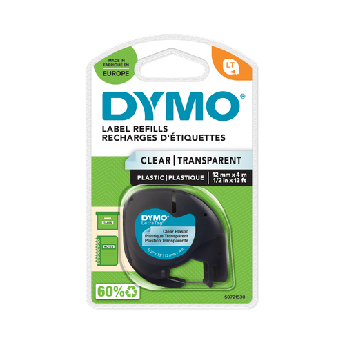 DYMO LETRATAG TAPE 12MMX4M BLACK ON CLEAR-DS0721530
